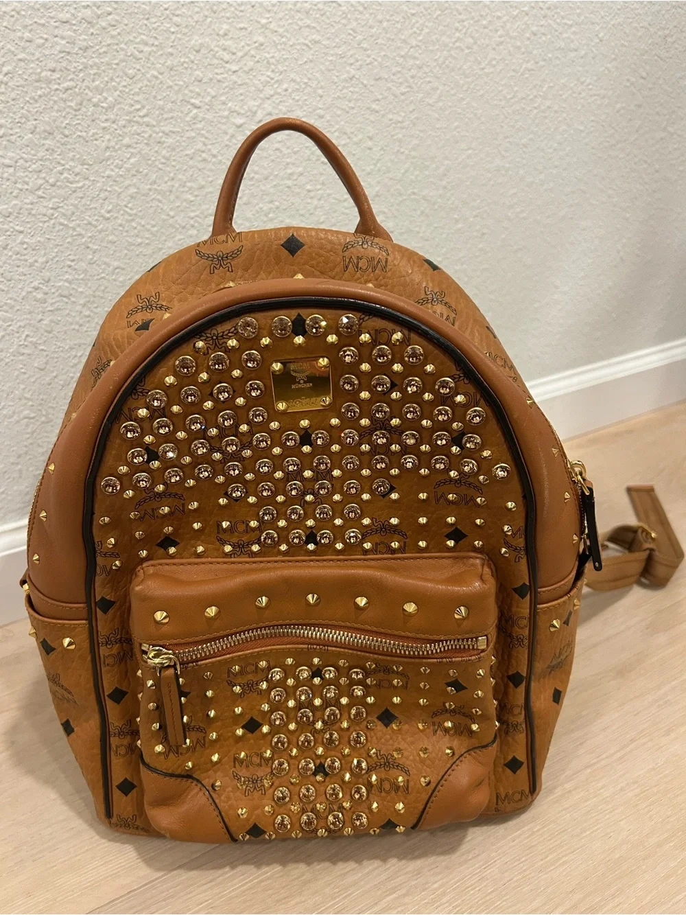 MCM Tan Visetos Studded Mini Backpack with Gold Hardware